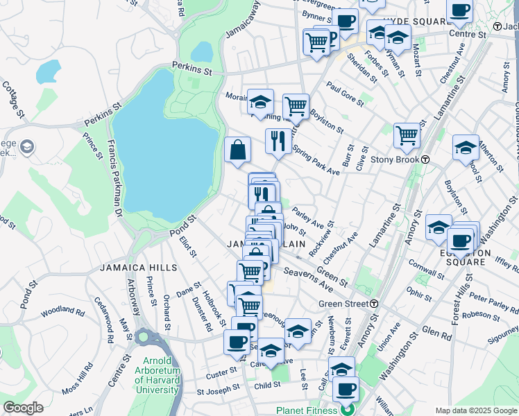 map of restaurants, bars, coffee shops, grocery stores, and more near 21 Pond Street in Boston