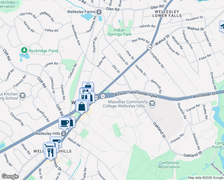 map of restaurants, bars, coffee shops, grocery stores, and more near 389 Worcester Street in Wellesley