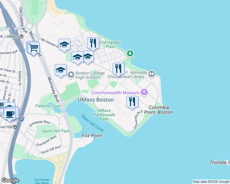 map of restaurants, bars, coffee shops, grocery stores, and more near 100 William T Morrissey Boulevard in Boston