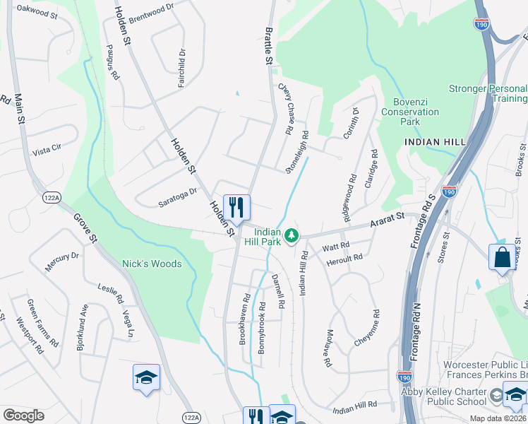 map of restaurants, bars, coffee shops, grocery stores, and more near 4 Carriage House Lane in Worcester