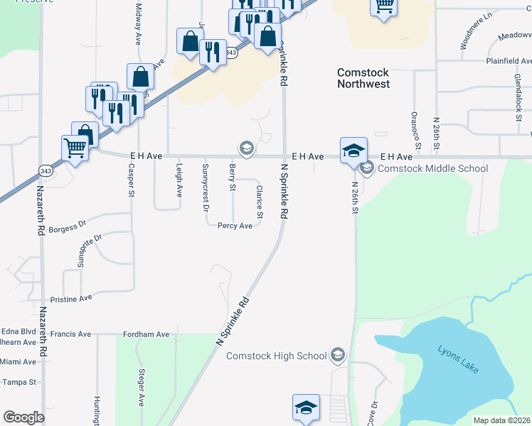 map of restaurants, bars, coffee shops, grocery stores, and more near 2916 Clarice Street in Kalamazoo