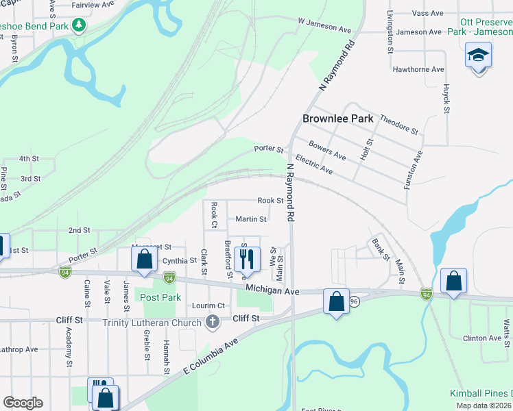 map of restaurants, bars, coffee shops, grocery stores, and more near 166 Rook Street in Battle Creek