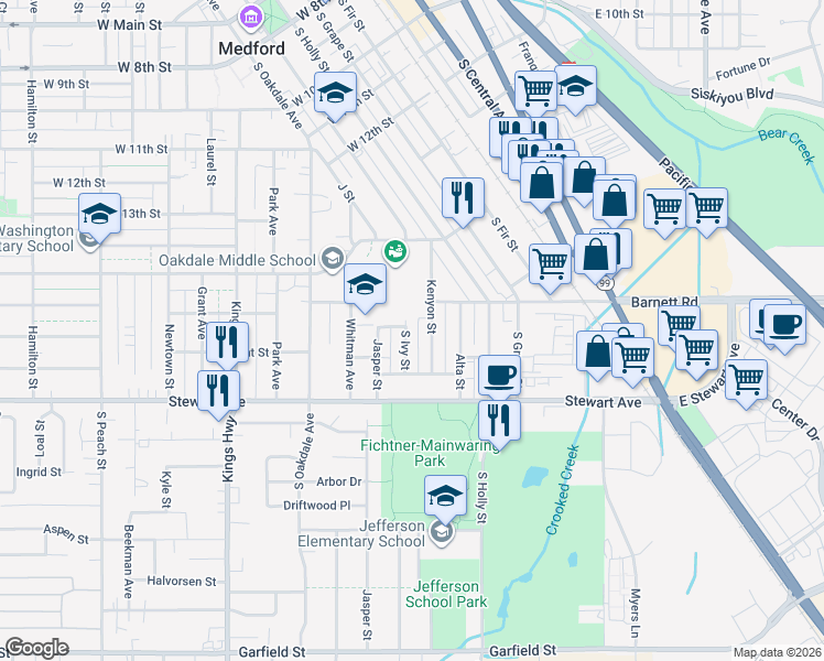 map of restaurants, bars, coffee shops, grocery stores, and more near 920 South Ivy Street in Medford