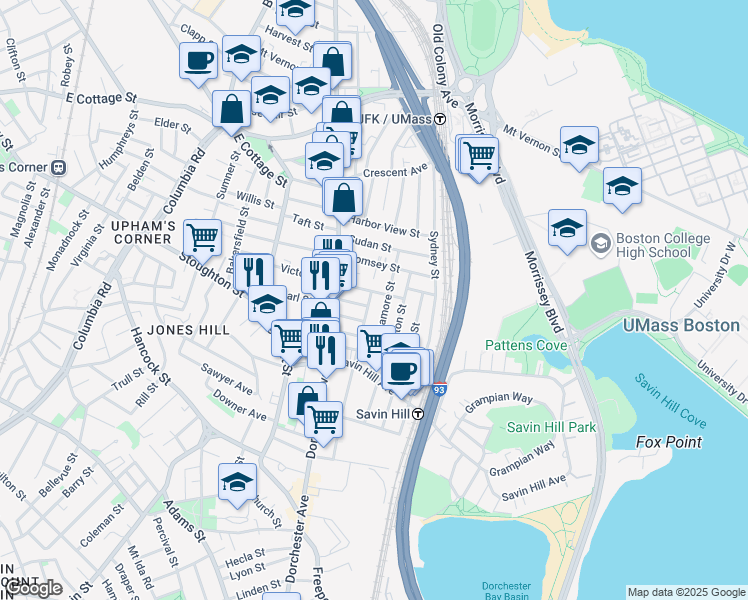 map of restaurants, bars, coffee shops, grocery stores, and more near 39 Belfort Street in Boston