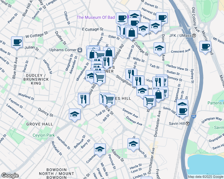 map of restaurants, bars, coffee shops, grocery stores, and more near 41 Upham Avenue in Boston