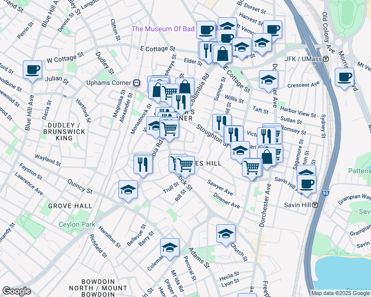 map of restaurants, bars, coffee shops, grocery stores, and more near 41 Upham Avenue in Boston