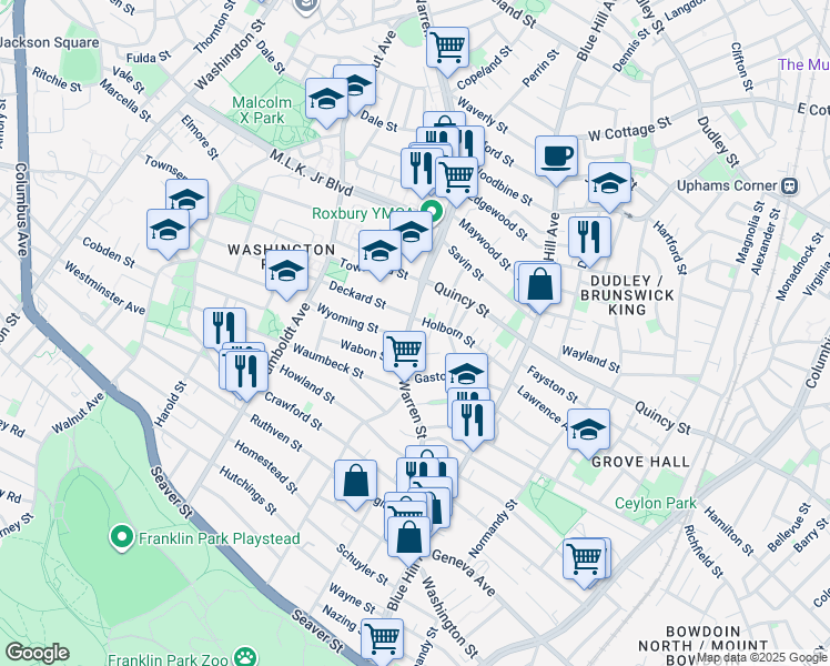map of restaurants, bars, coffee shops, grocery stores, and more near 489 Warren Street in Boston
