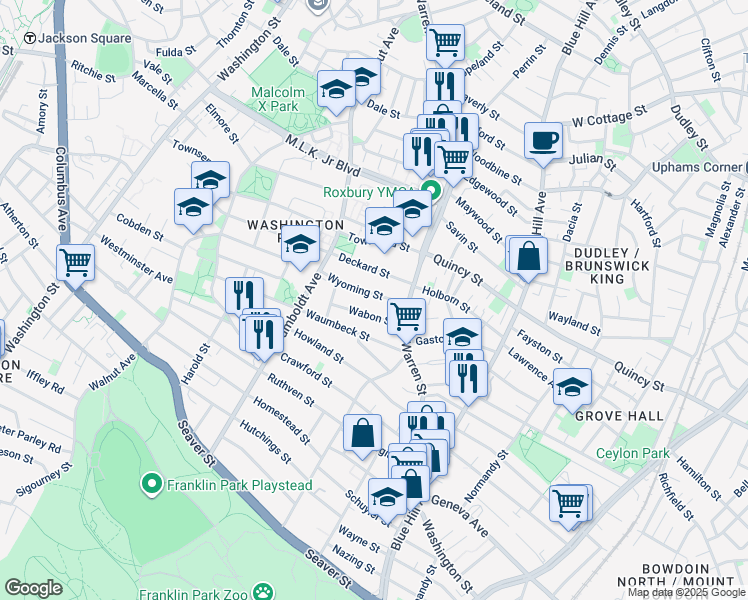 map of restaurants, bars, coffee shops, grocery stores, and more near 12 Wyoming Street in Boston