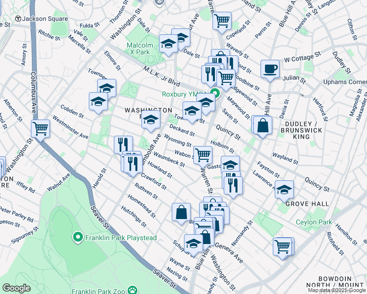 map of restaurants, bars, coffee shops, grocery stores, and more near 12 Wyoming Street in Boston