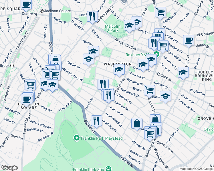 map of restaurants, bars, coffee shops, grocery stores, and more near 77 Waumbeck Street in Boston
