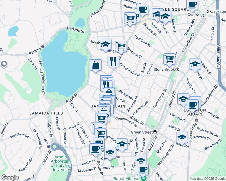 map of restaurants, bars, coffee shops, grocery stores, and more near 11 Parley Avenue in Boston