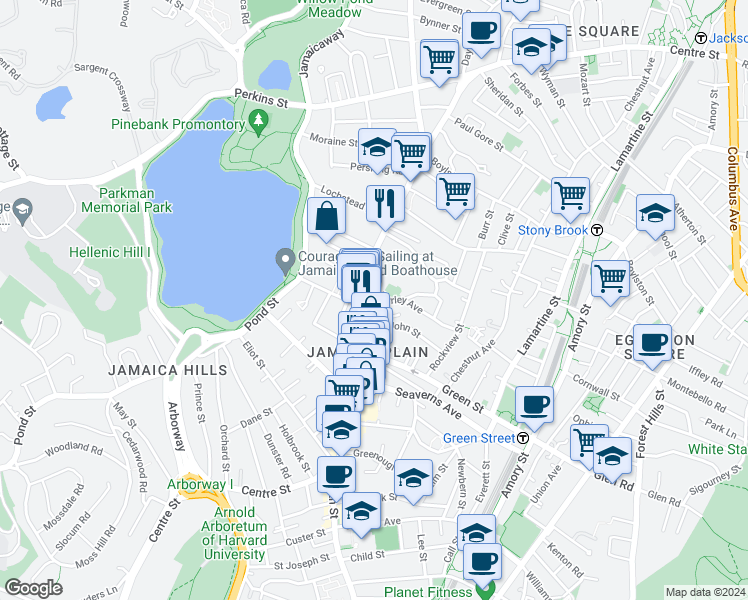 map of restaurants, bars, coffee shops, grocery stores, and more near 11 Parley Avenue in Boston