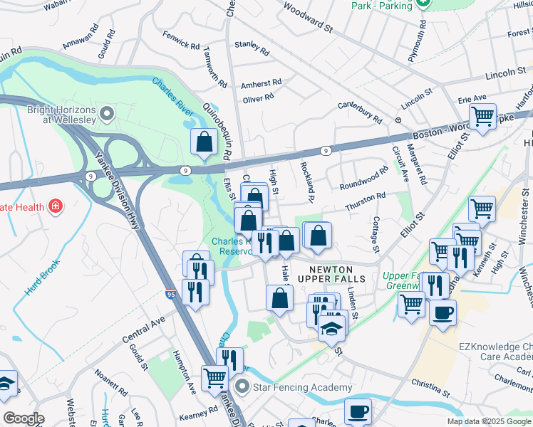 map of restaurants, bars, coffee shops, grocery stores, and more near 13 Winter Street in Newton