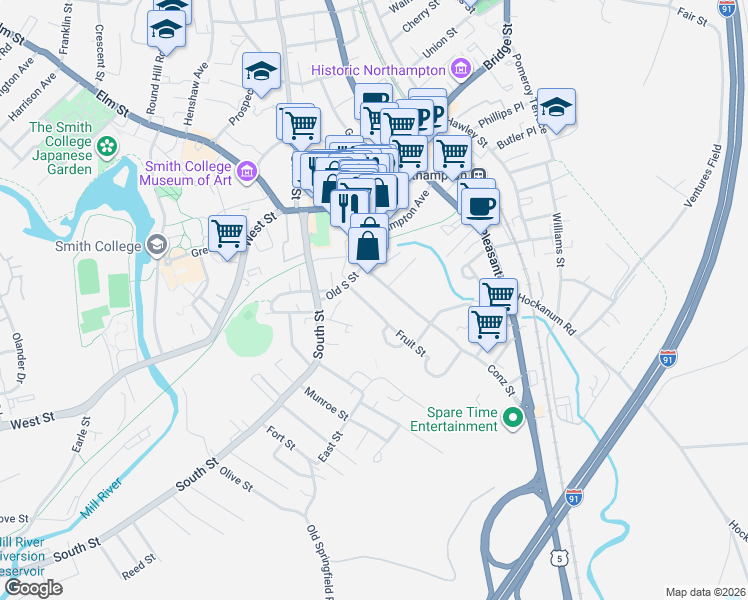 map of restaurants, bars, coffee shops, grocery stores, and more near 12 Fruit Street in Northampton