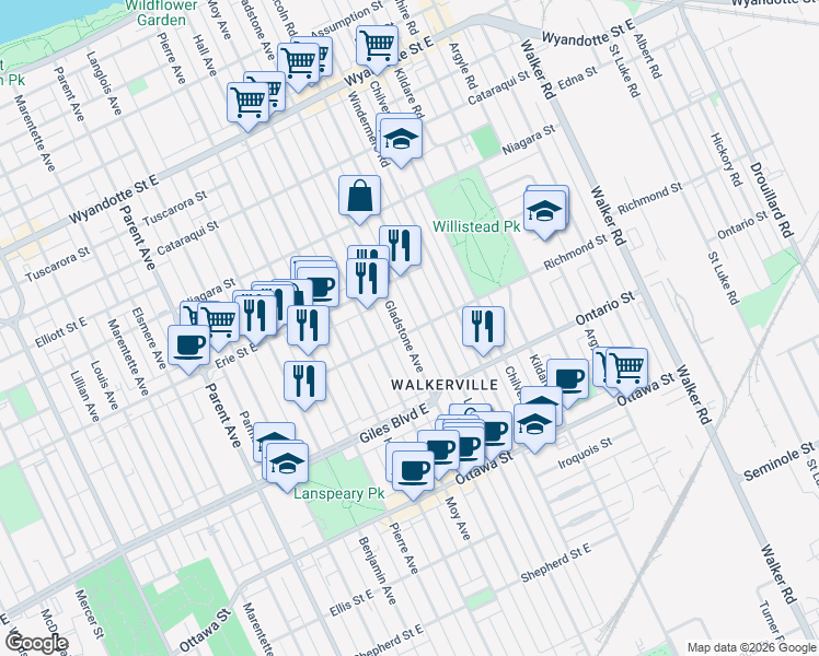 map of restaurants, bars, coffee shops, grocery stores, and more near 1081 Gladstone Avenue in Windsor