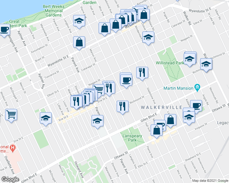 map of restaurants, bars, coffee shops, grocery stores, and more near 1158 Erie Street East in Windsor