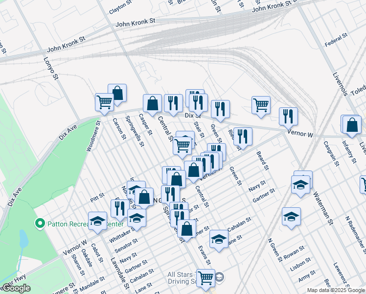 map of restaurants, bars, coffee shops, grocery stores, and more near 2552 Central Avenue in Detroit