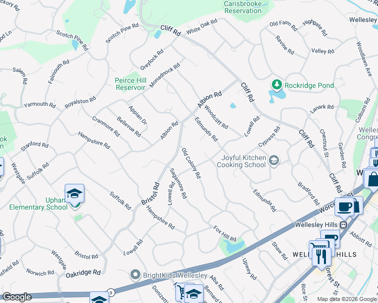 map of restaurants, bars, coffee shops, grocery stores, and more near 99 Old Colony Road in Wellesley