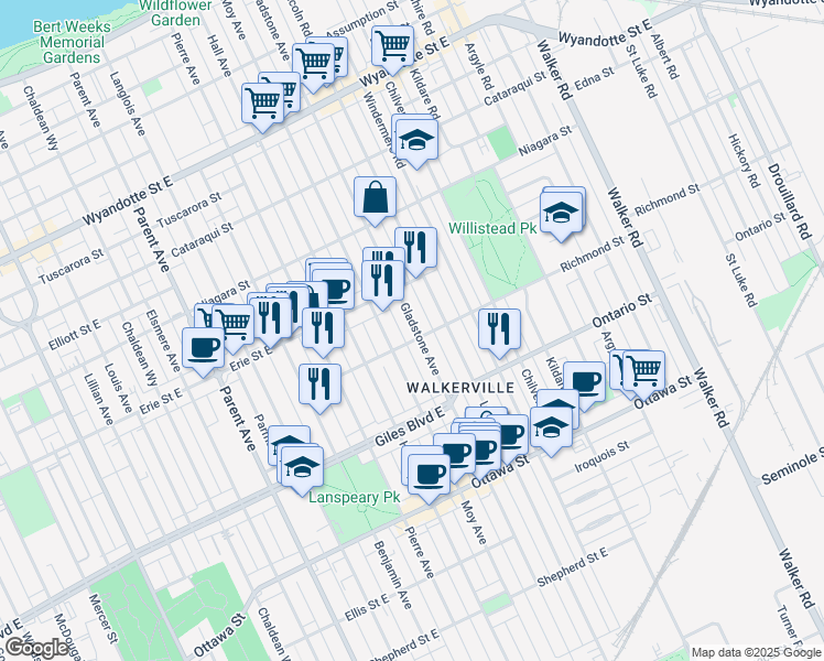 map of restaurants, bars, coffee shops, grocery stores, and more near 1081 Gladstone Avenue in Windsor
