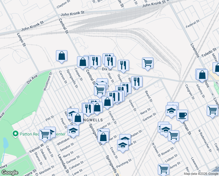 map of restaurants, bars, coffee shops, grocery stores, and more near 2430 Honorah Street in Detroit