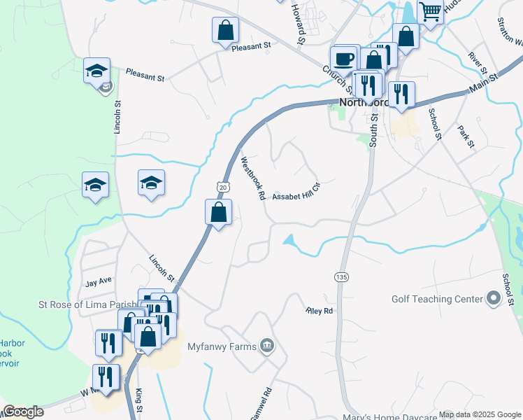 map of restaurants, bars, coffee shops, grocery stores, and more near 44 Westbrook Road in Northborough