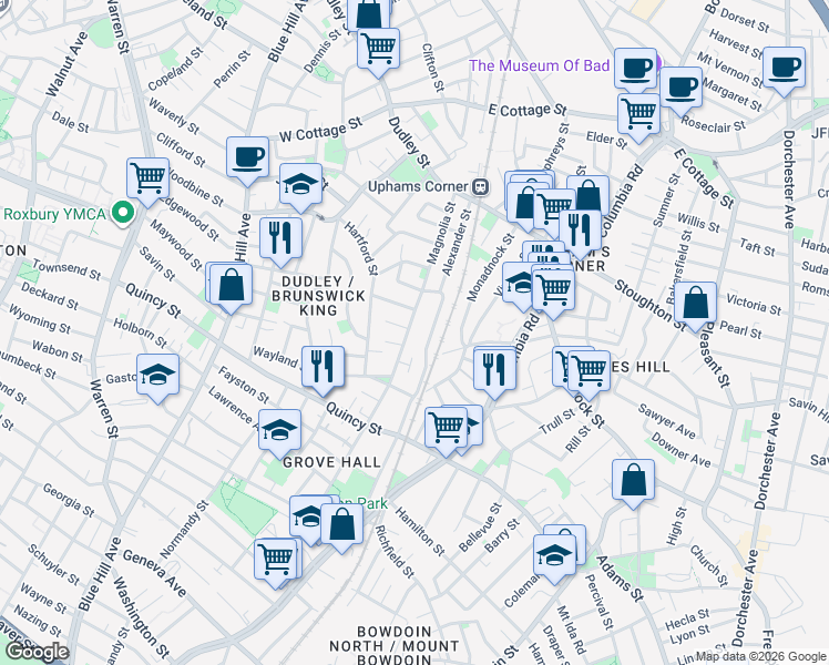 map of restaurants, bars, coffee shops, grocery stores, and more near 106 Magnolia Street in Boston