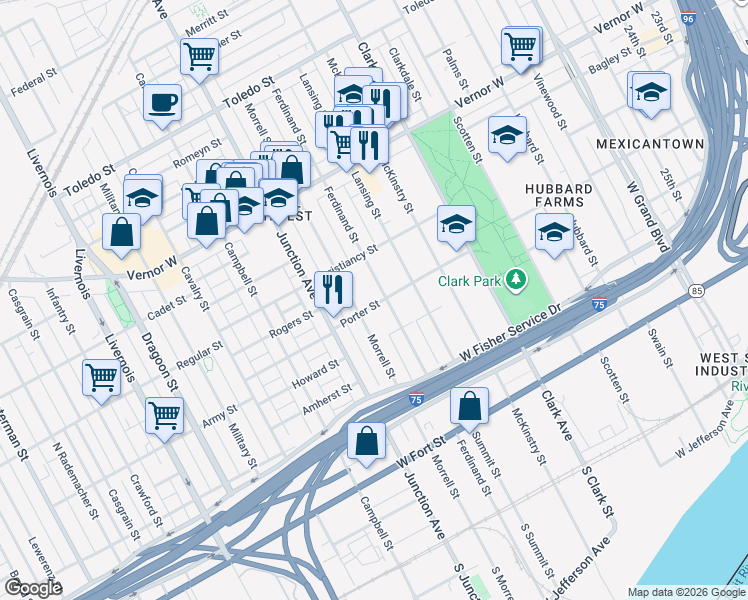 map of restaurants, bars, coffee shops, grocery stores, and more near 1403 Ferdinand Street in Detroit