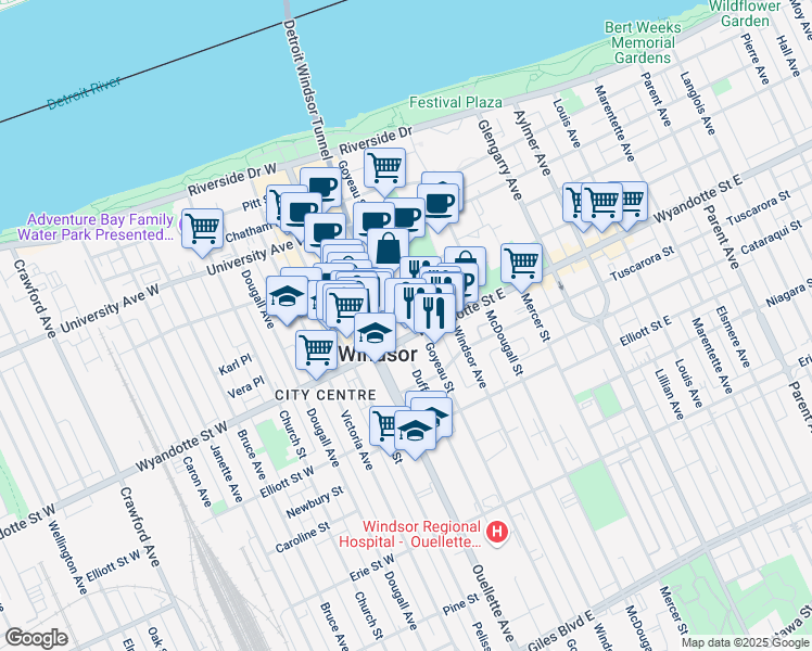 map of restaurants, bars, coffee shops, grocery stores, and more near 503 Goyeau Street in Windsor