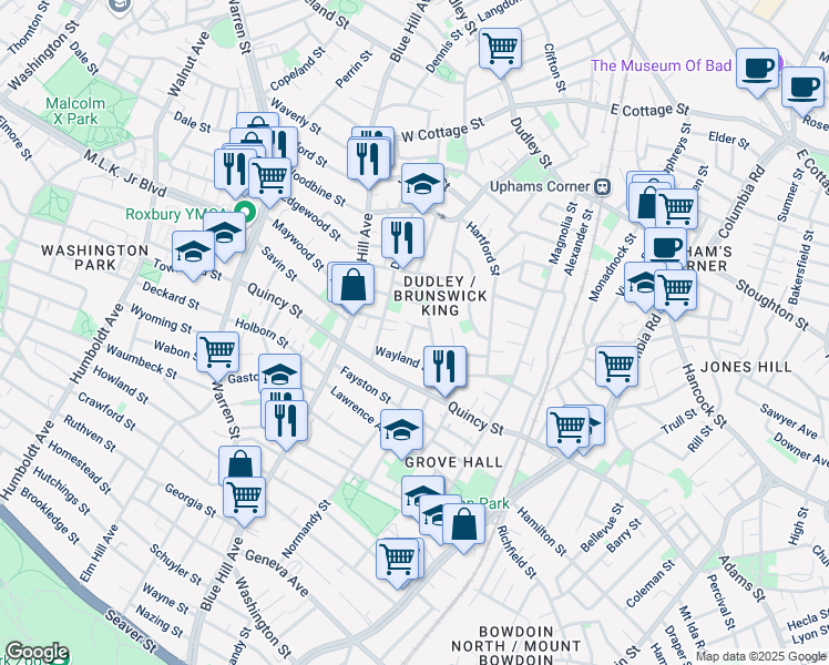 map of restaurants, bars, coffee shops, grocery stores, and more near 21 Balfour St in Boston