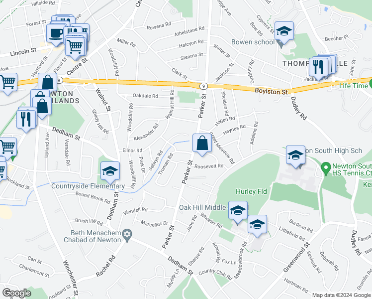 map of restaurants, bars, coffee shops, grocery stores, and more near 11 Truman Road in Newton