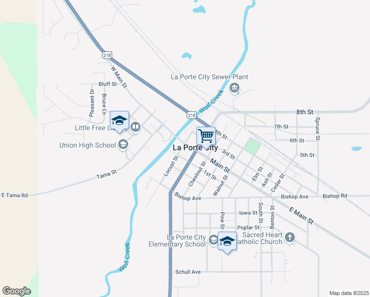 map of restaurants, bars, coffee shops, grocery stores, and more near 201 Main Street in La Porte City