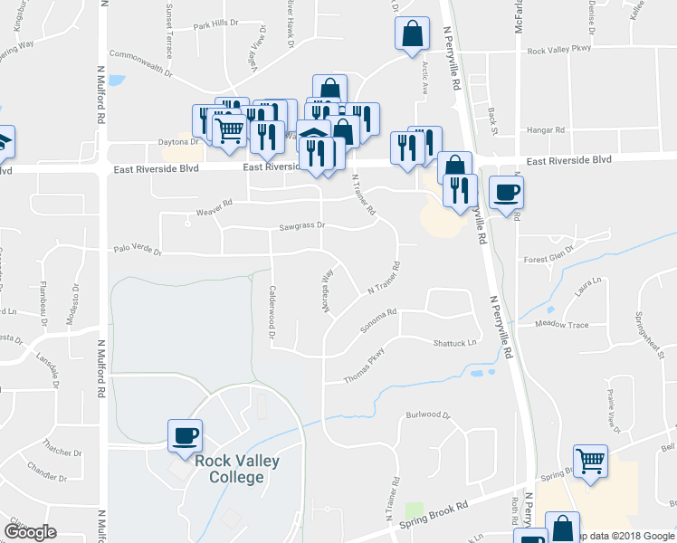 map of restaurants, bars, coffee shops, grocery stores, and more near 6545 Palo Verde Drive in Rockford