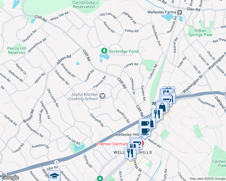 map of restaurants, bars, coffee shops, grocery stores, and more near 21 Cushing Road in Wellesley