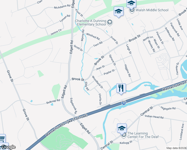 map of restaurants, bars, coffee shops, grocery stores, and more near 8 Woodland Drive in Framingham