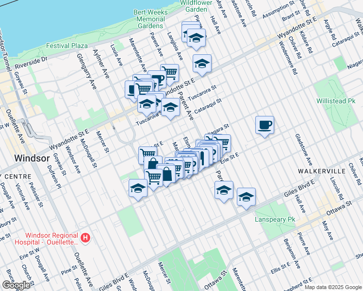 map of restaurants, bars, coffee shops, grocery stores, and more near 816 Niagara Street in Windsor