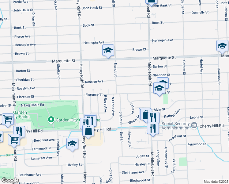 map of restaurants, bars, coffee shops, grocery stores, and more near 615 Brandt Street in Garden City