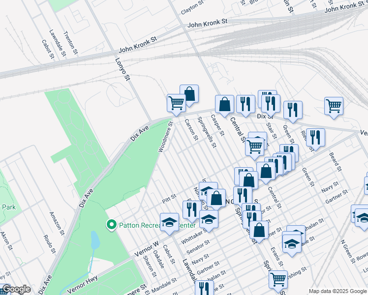 map of restaurants, bars, coffee shops, grocery stores, and more near 2705 Inglis Street in Detroit