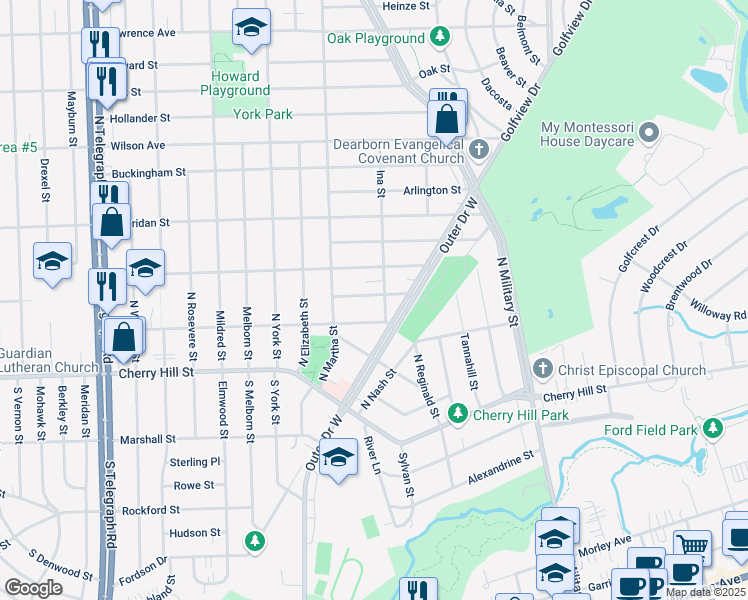 map of restaurants, bars, coffee shops, grocery stores, and more near 23021 Murray Street in Dearborn