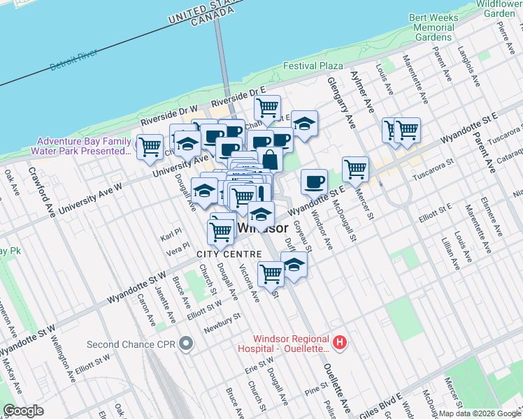 map of restaurants, bars, coffee shops, grocery stores, and more near 540 Ouellette Avenue in Windsor