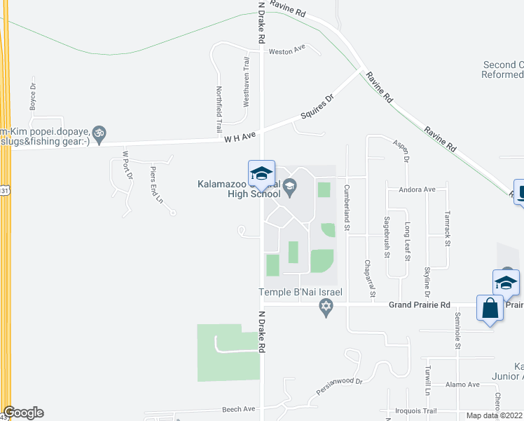 map of restaurants, bars, coffee shops, grocery stores, and more near 2341 North Drake Road in Kalamazoo