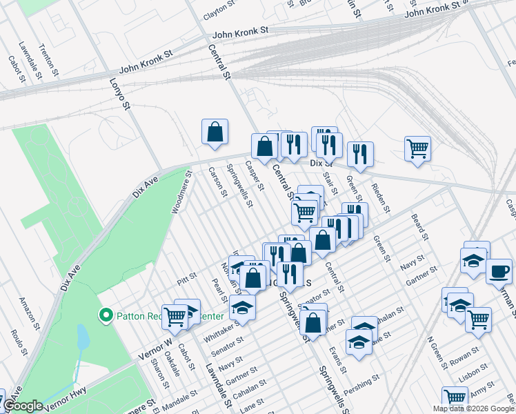 map of restaurants, bars, coffee shops, grocery stores, and more near 2600 Springwells Street in Detroit