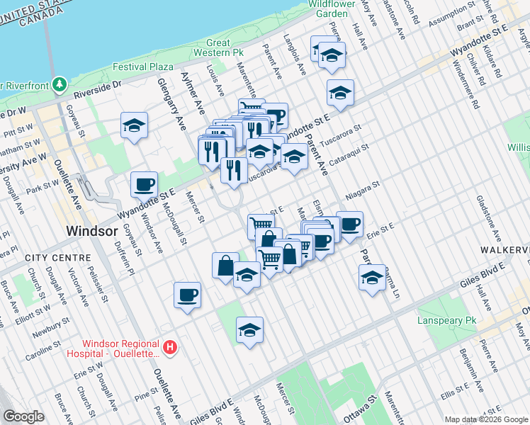 map of restaurants, bars, coffee shops, grocery stores, and more near 580 Elliott Street East in Windsor