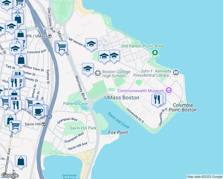map of restaurants, bars, coffee shops, grocery stores, and more near 150 Morrissey Boulevard in Boston