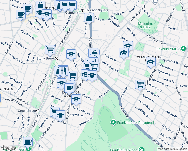 map of restaurants, bars, coffee shops, grocery stores, and more near 4 Weld Avenue in Roxbury