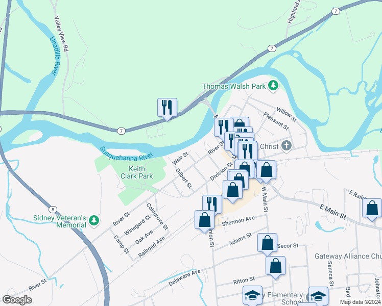 map of restaurants, bars, coffee shops, grocery stores, and more near 13 Union Street in Sidney