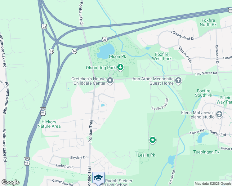 map of restaurants, bars, coffee shops, grocery stores, and more near 2964 Hunley Drive in Ann Arbor