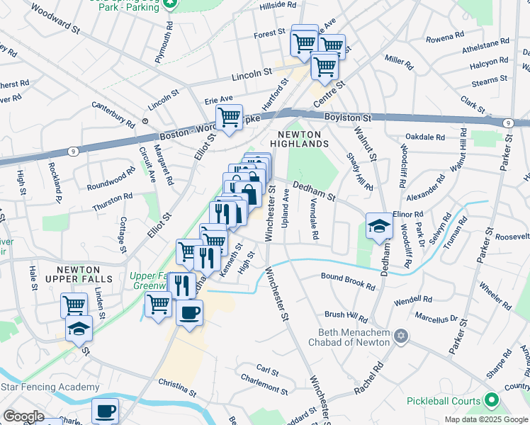 map of restaurants, bars, coffee shops, grocery stores, and more near 147 Winchester Street in Newton
