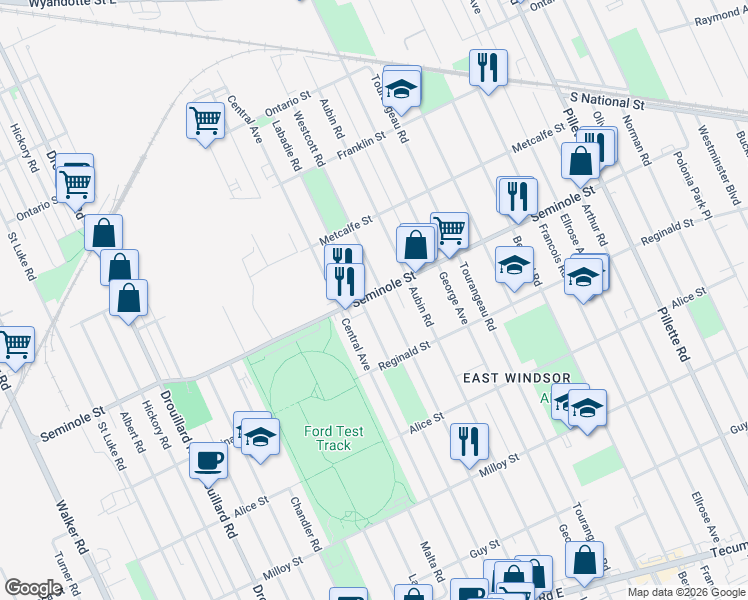 map of restaurants, bars, coffee shops, grocery stores, and more near 3757 Seminole Street in Windsor