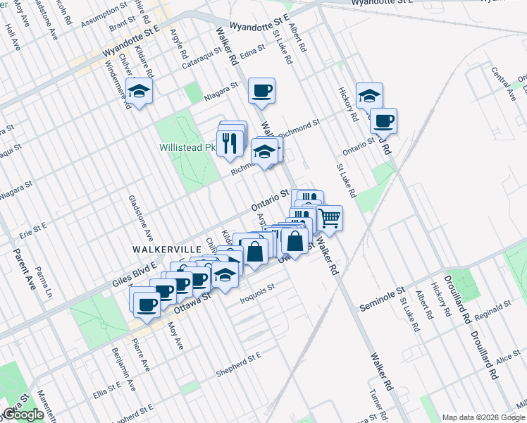 map of restaurants, bars, coffee shops, grocery stores, and more near 1210 Argyle Road in Windsor