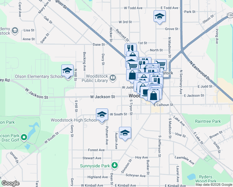 map of restaurants, bars, coffee shops, grocery stores, and more near 444 West Jackson Street in Woodstock